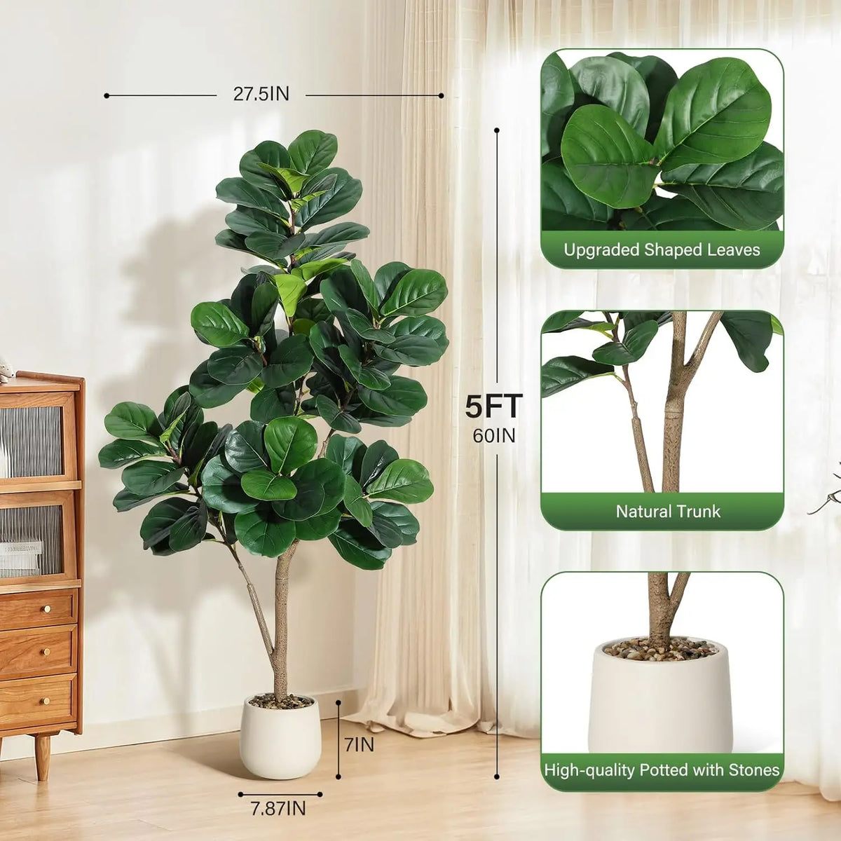 Artificial Fiddle Leaf Fig Tree — 4 to 7 ft, Weighted Planter, 5-Minute Assembly