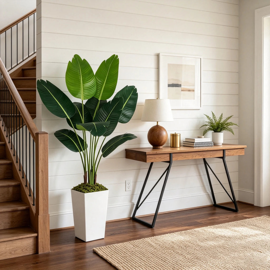 Artificial Bird of Paradise Plant — 4.1 ft, Silk Foliage in White Planter