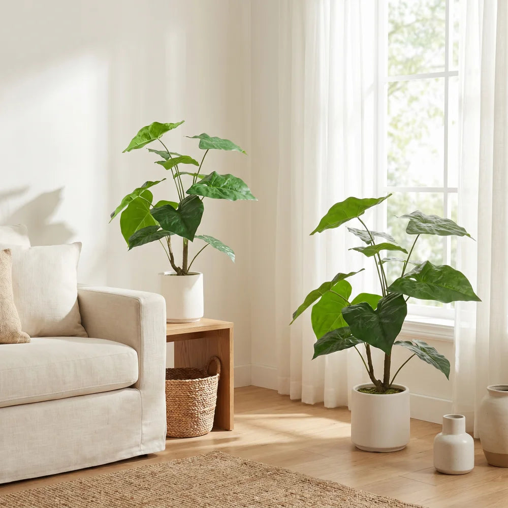 Artificial Alocasia Leaf Plant — 30 in, Set of 2 in a White Pot