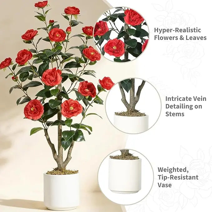 Artificial Camellia Tree — 3 to 5 ft, Silk Flowers in Red or White