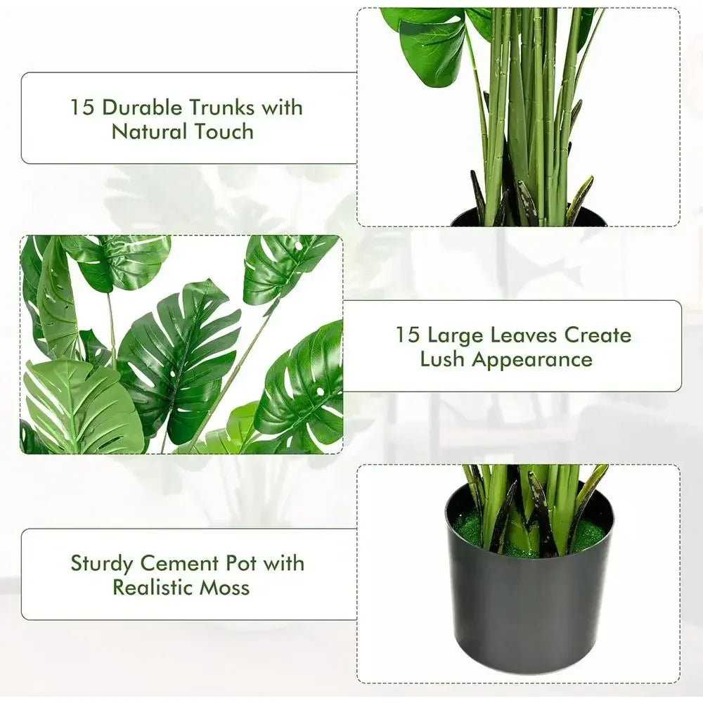 Artificial Monstera Deliciosa — 5 ft, 15 Leaves, Cement-Style Pot