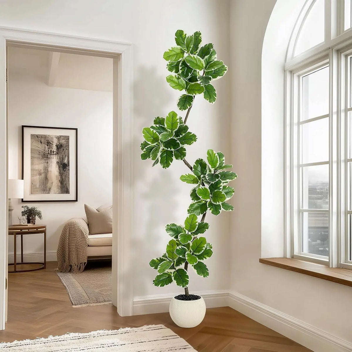 Artificial Fiddle Leaf Fig Tree — 60 to 84 in, Gray Sphere Planter with Moss