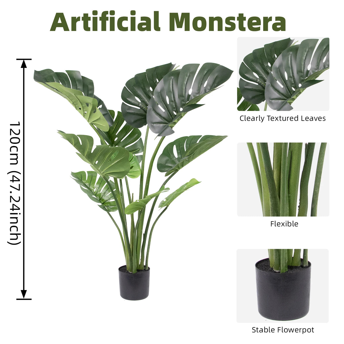 Artificial Monstera Deliciosa — 90 to 120 cm, Black Pot, Single or Pair