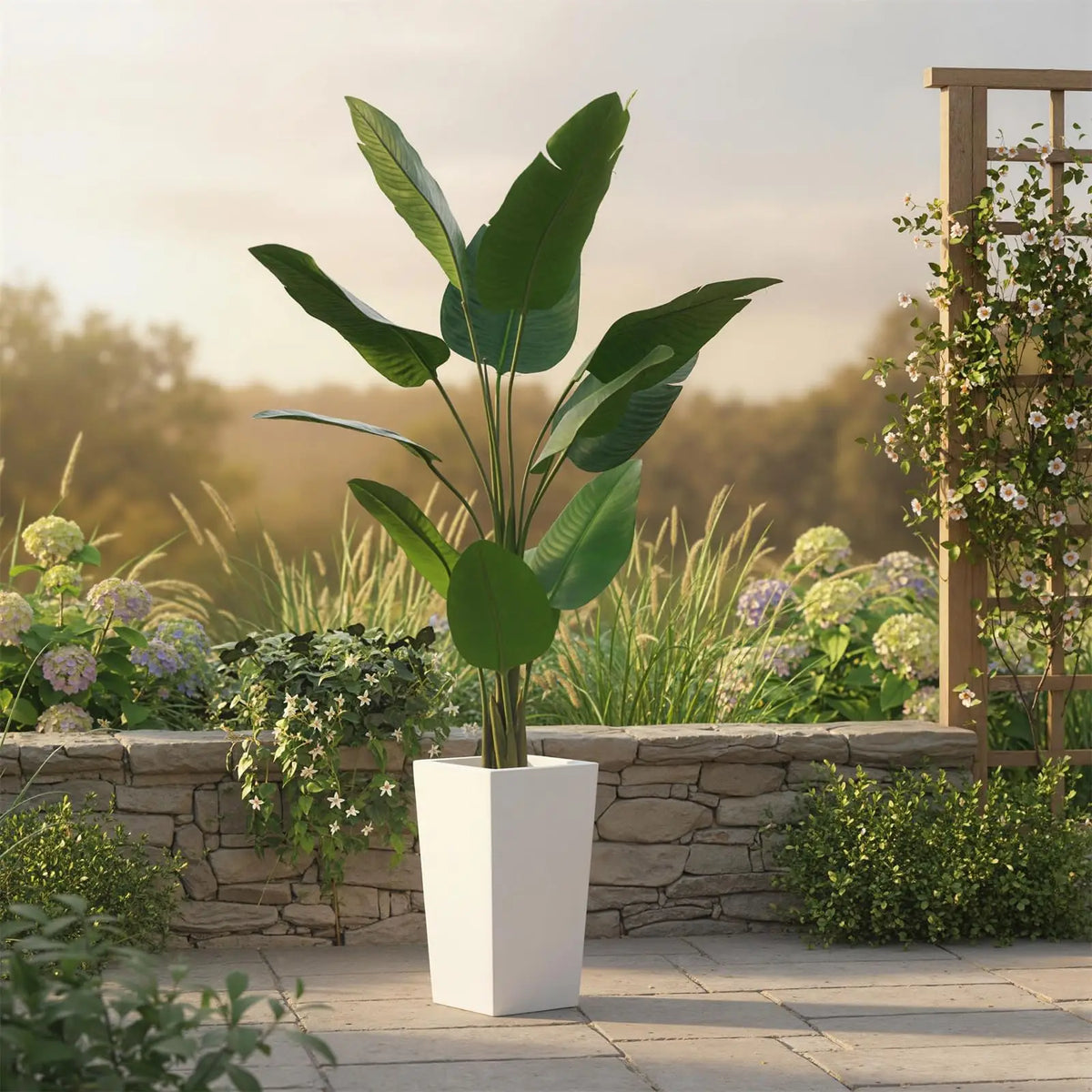 Artificial Banana Tree — 4.8 ft, Tall White Planter