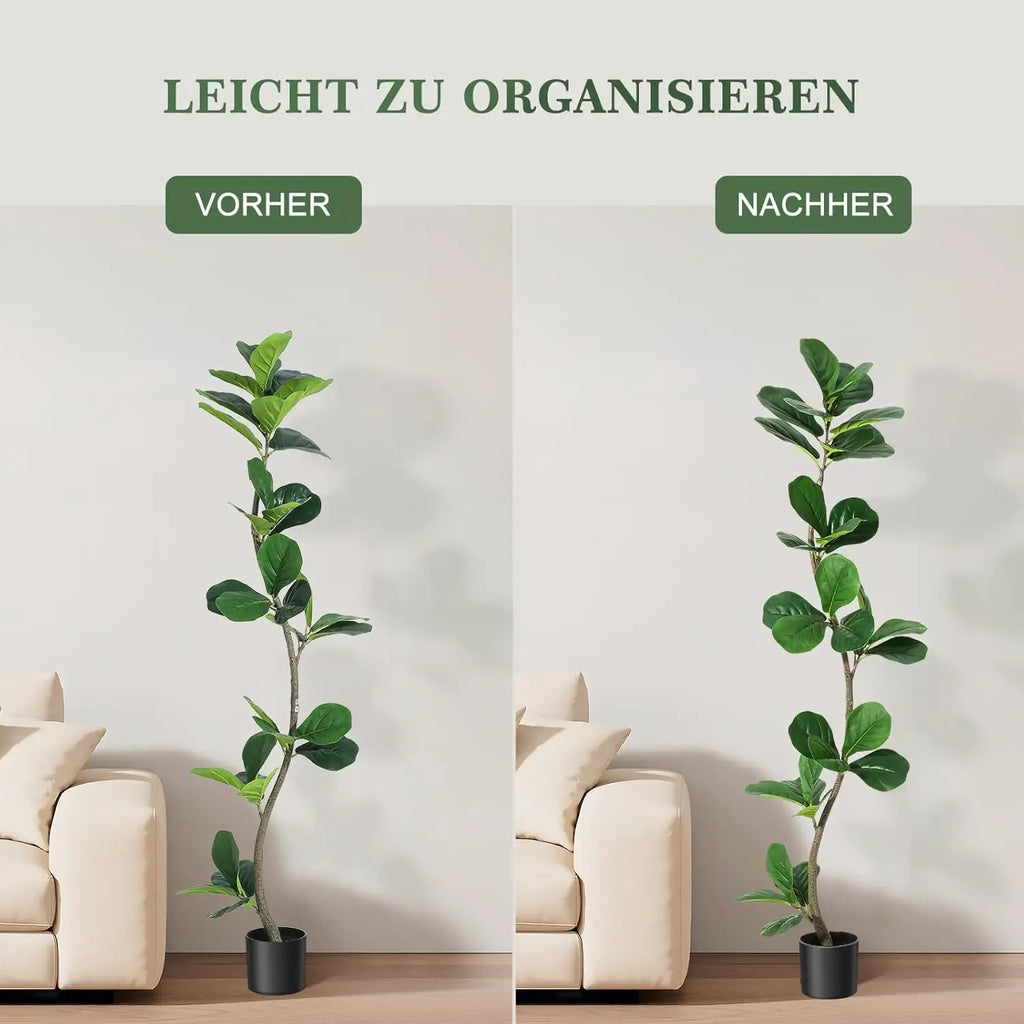 Artificial Fiddle Leaf Fig Tree — 4 to 6 ft, S-Shaped Trunk, Black Pot