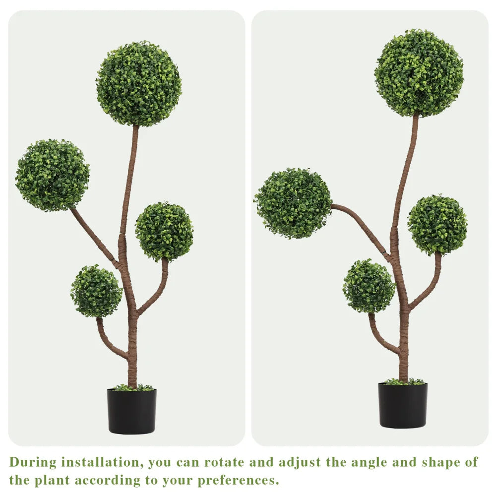 Artificial Boxwood Pom-Pom Topiary — 4 ft, Four-Tier Spheres, Black Planter
