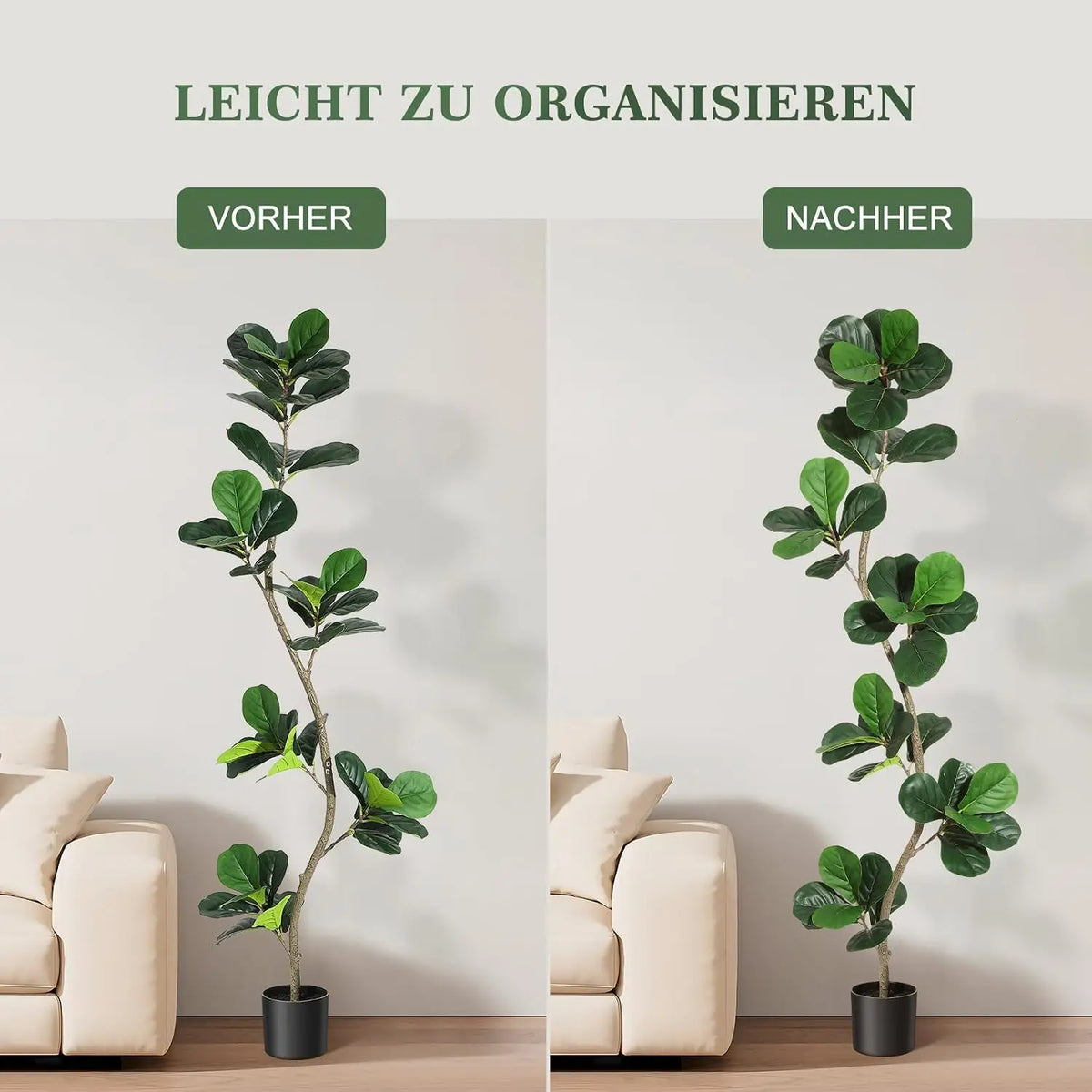 Artificial Fiddle Leaf Fig Tree — 4 to 6 ft, S-Shaped Trunk, Black Pot