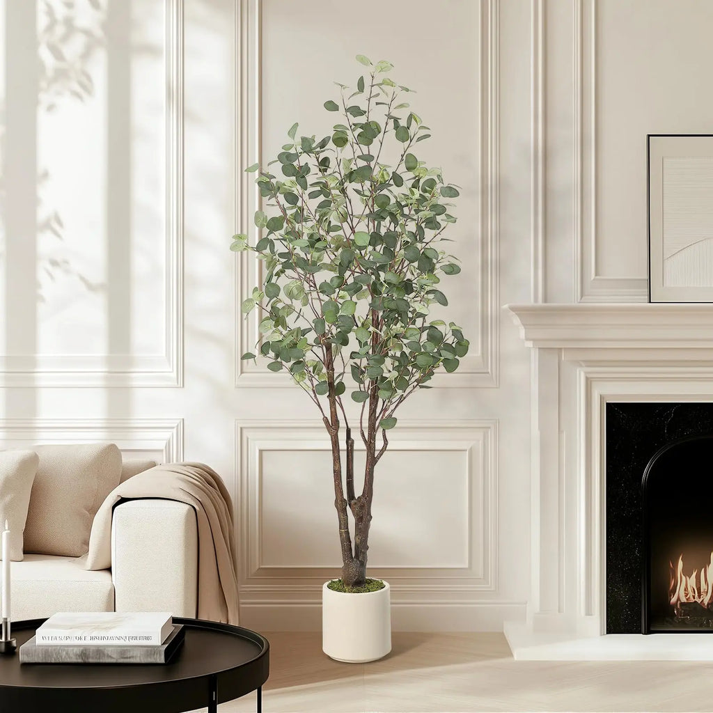Artificial Eucalyptus Tree — 5 to 7 ft, White Planter with Faux Moss