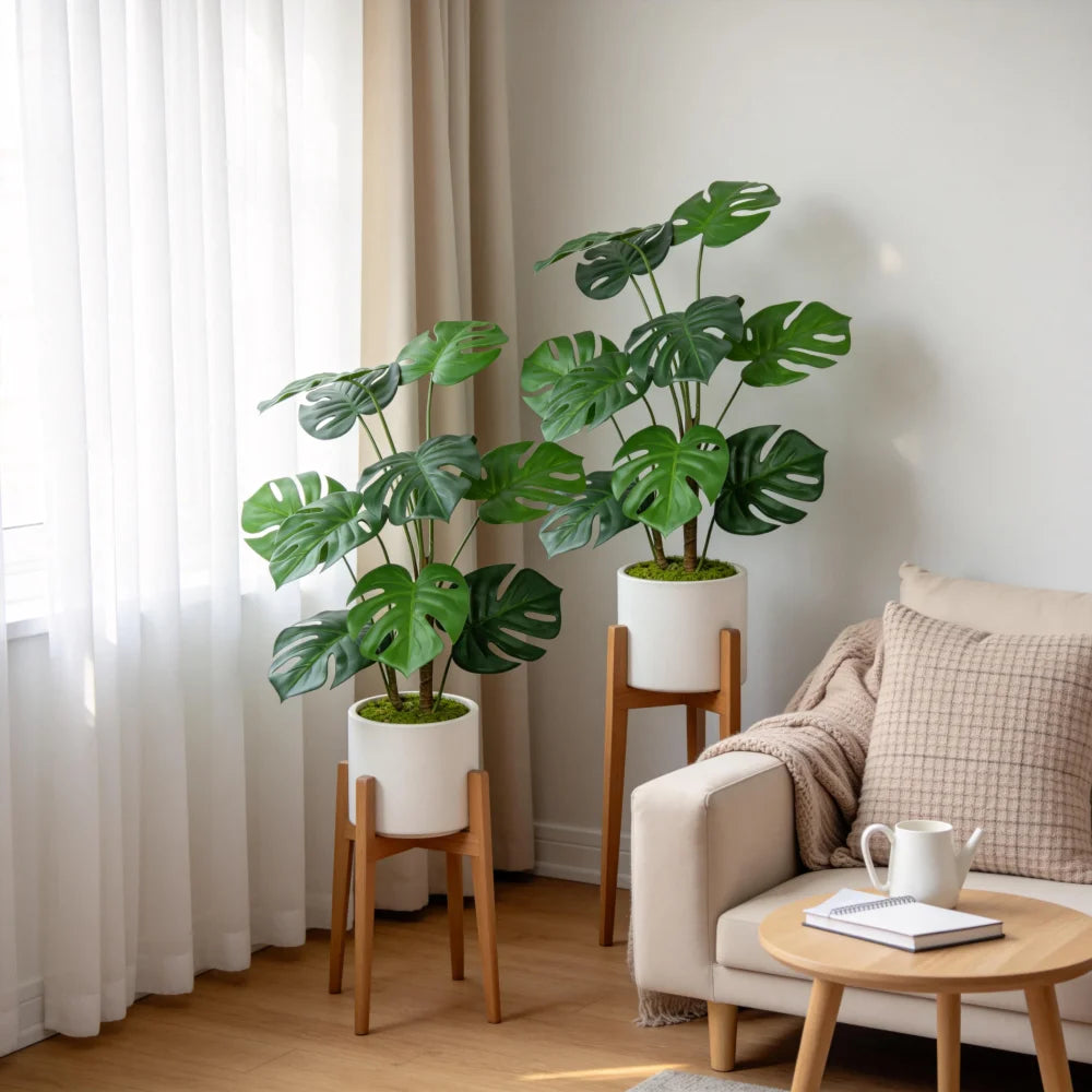 Artificial Monstera Deliciosa — 30 in, White Pot, Set of 2