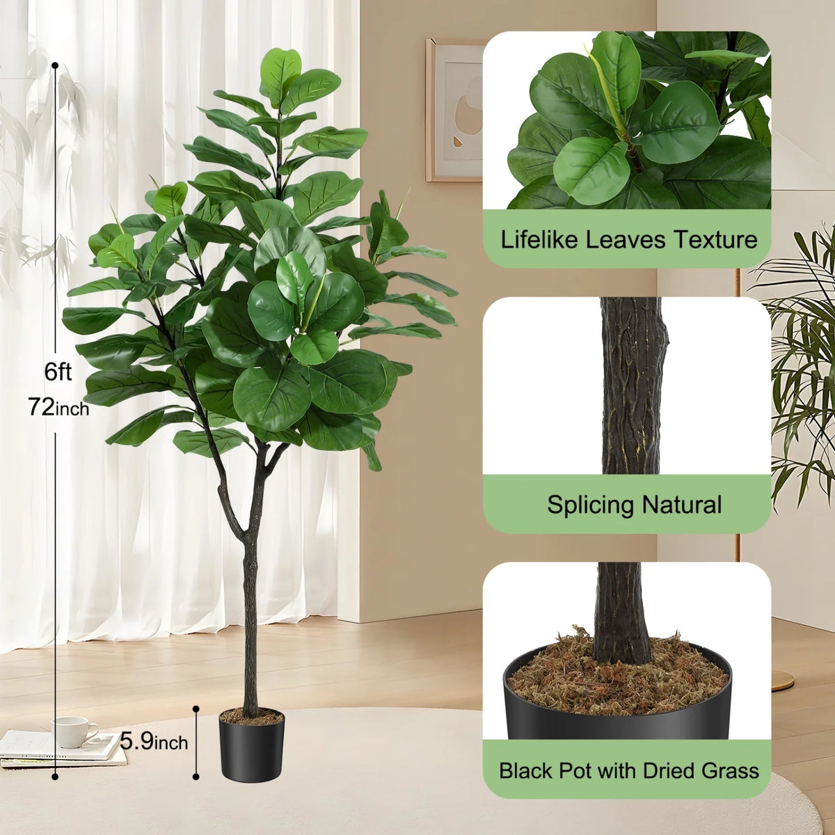 Artificial Fiddle Leaf Fig Tree — 6 ft, Black Pot