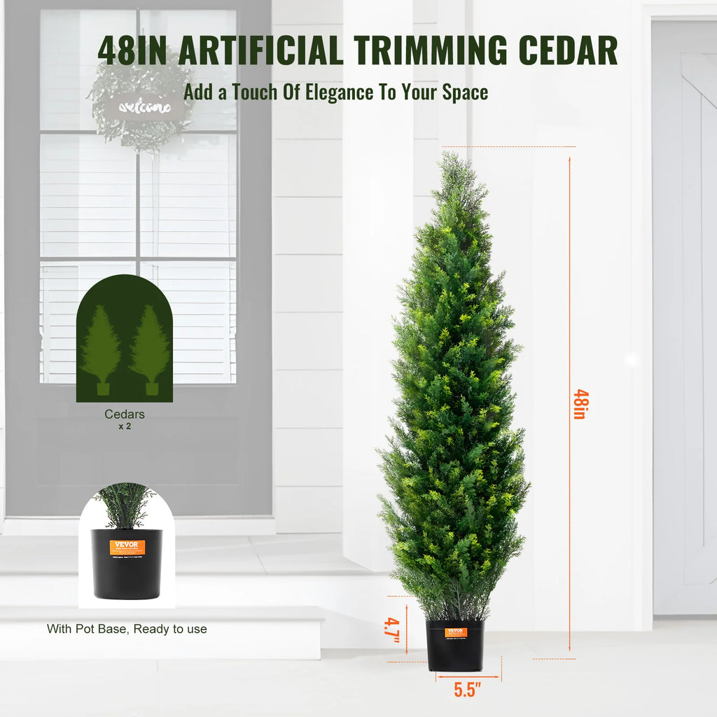 Artificial Cedar Topiary Tree — 3 to 5 ft, Carbon Steel Trunk with Cement Base