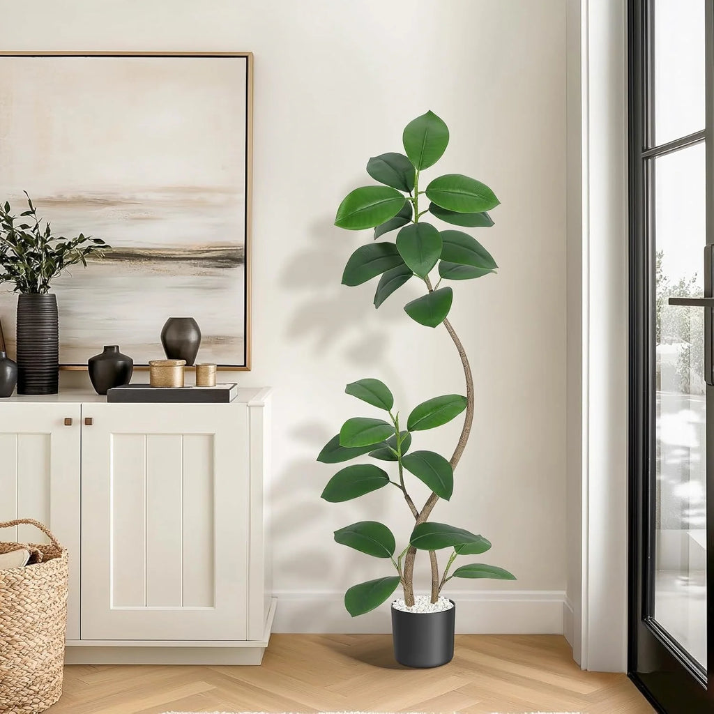 Artificial Fiddle Leaf Fig Tree — 7 ft, Black Resin Planter with Stone