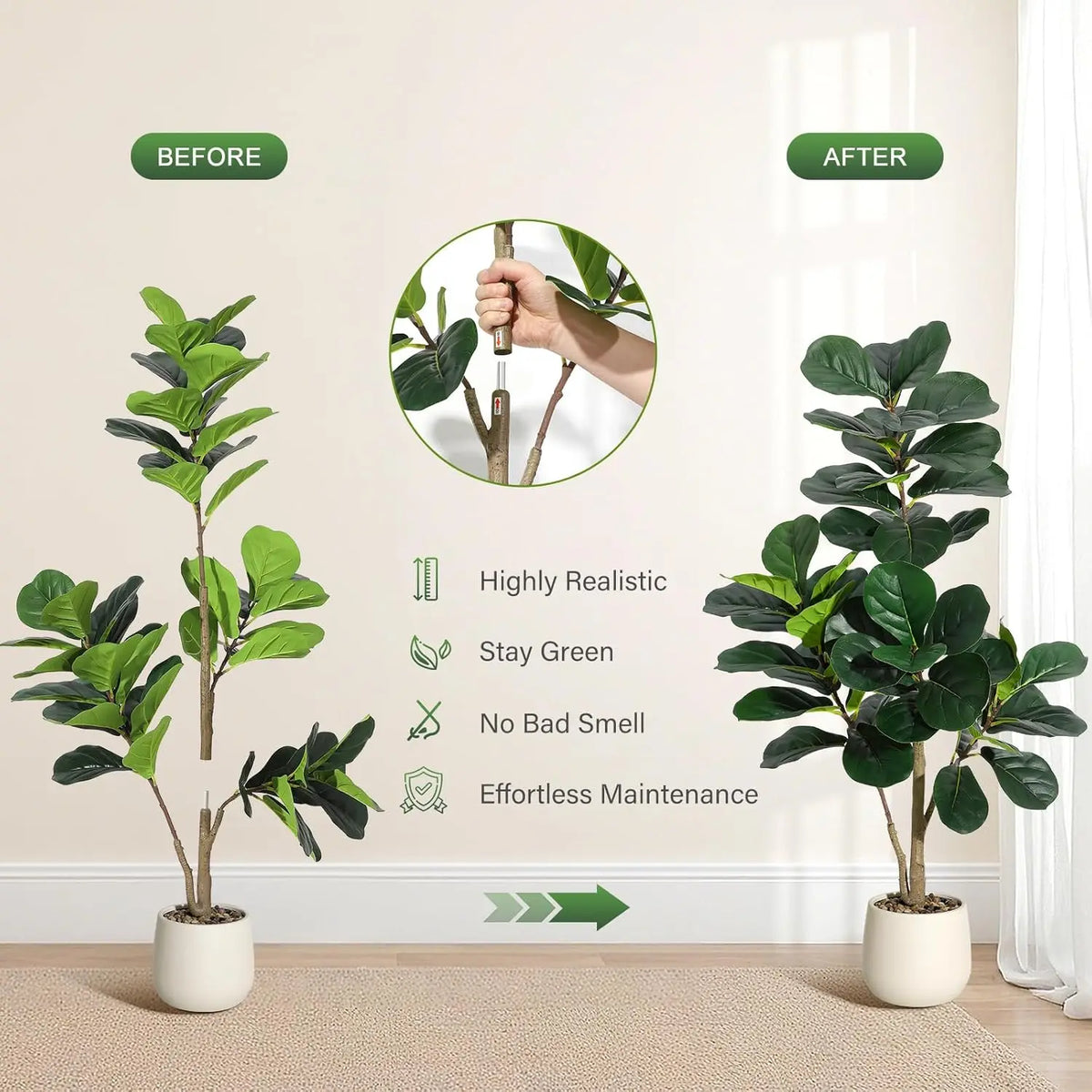 Artificial Fiddle Leaf Fig Tree — 4 to 7 ft, Weighted Planter, 5-Minute Assembly