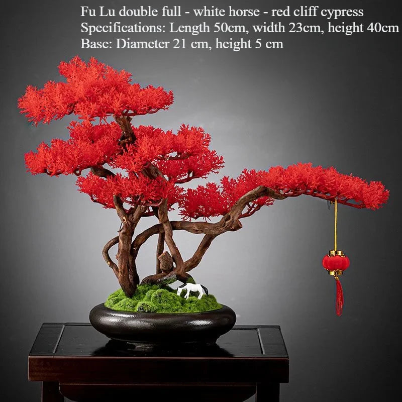 The 3ft bonsai in profile, branches reaching out past the pot rim