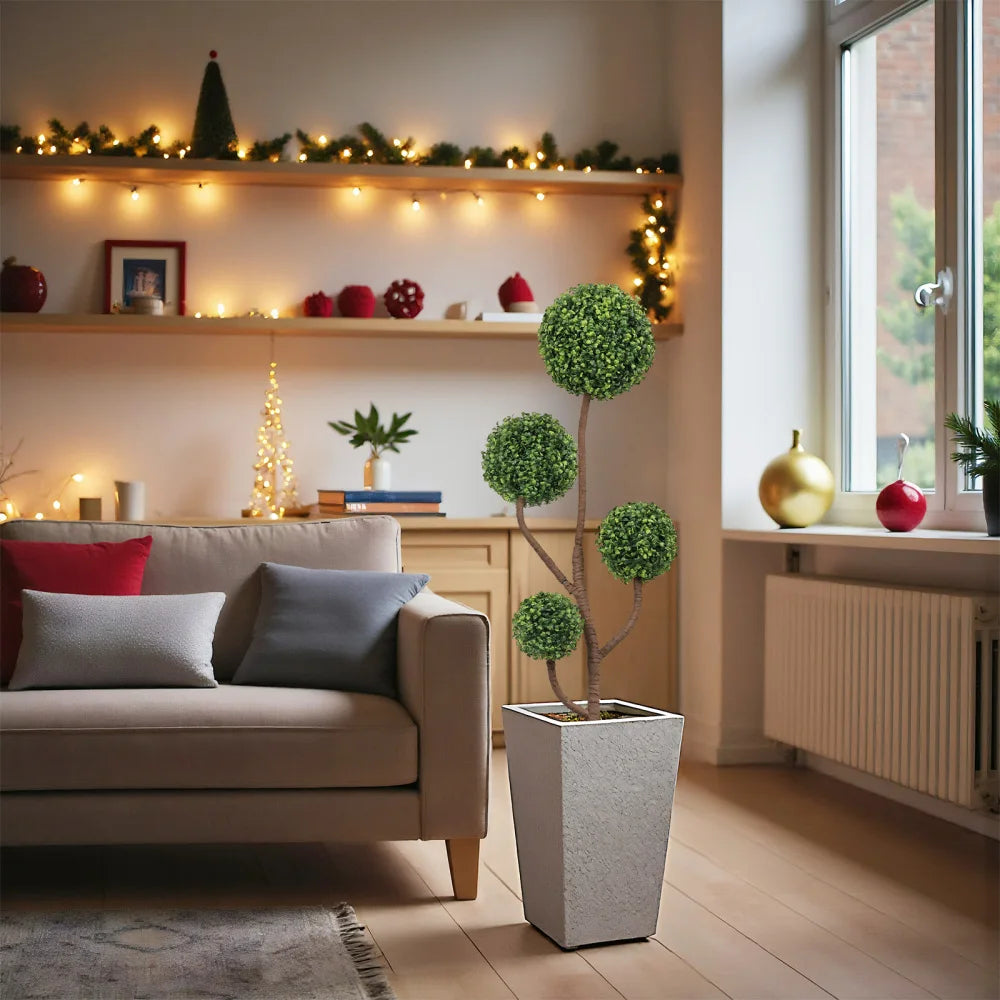 Artificial Boxwood Pom-Pom Topiary — 4 ft, Four-Tier Spheres, Black Planter