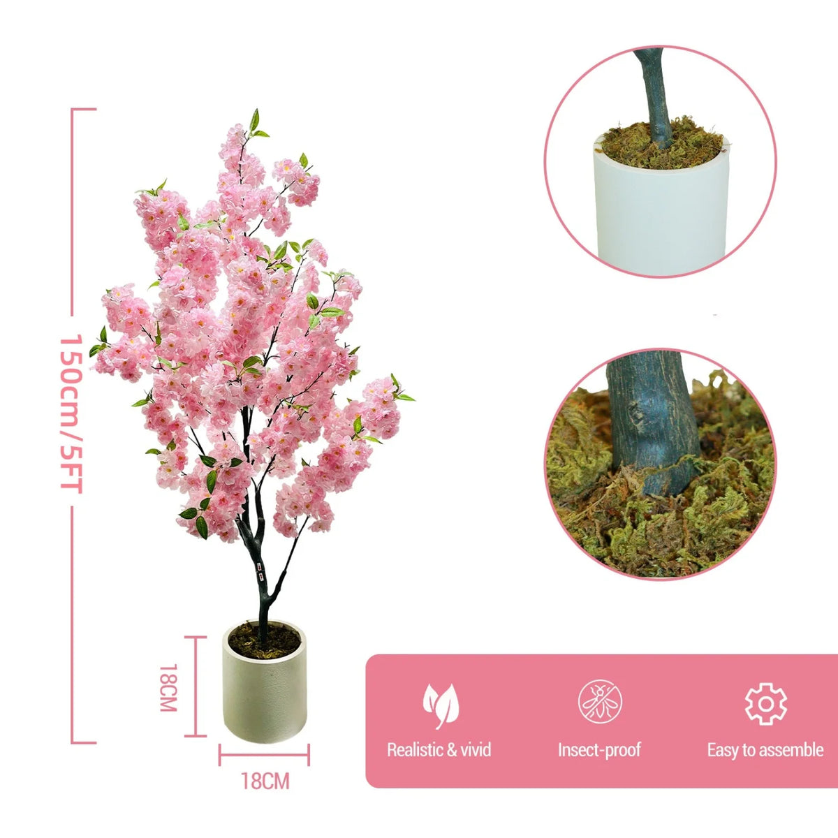 Artificial Cherry Blossom Tree, 5 to 6 ft, PVC Frame, Single or Double Pole