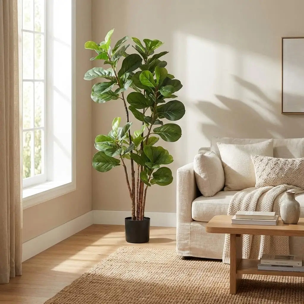 Artificial Fiddle Leaf Fig Tree — 4 ft, 72 Leaves, Black Planter, No Assembly