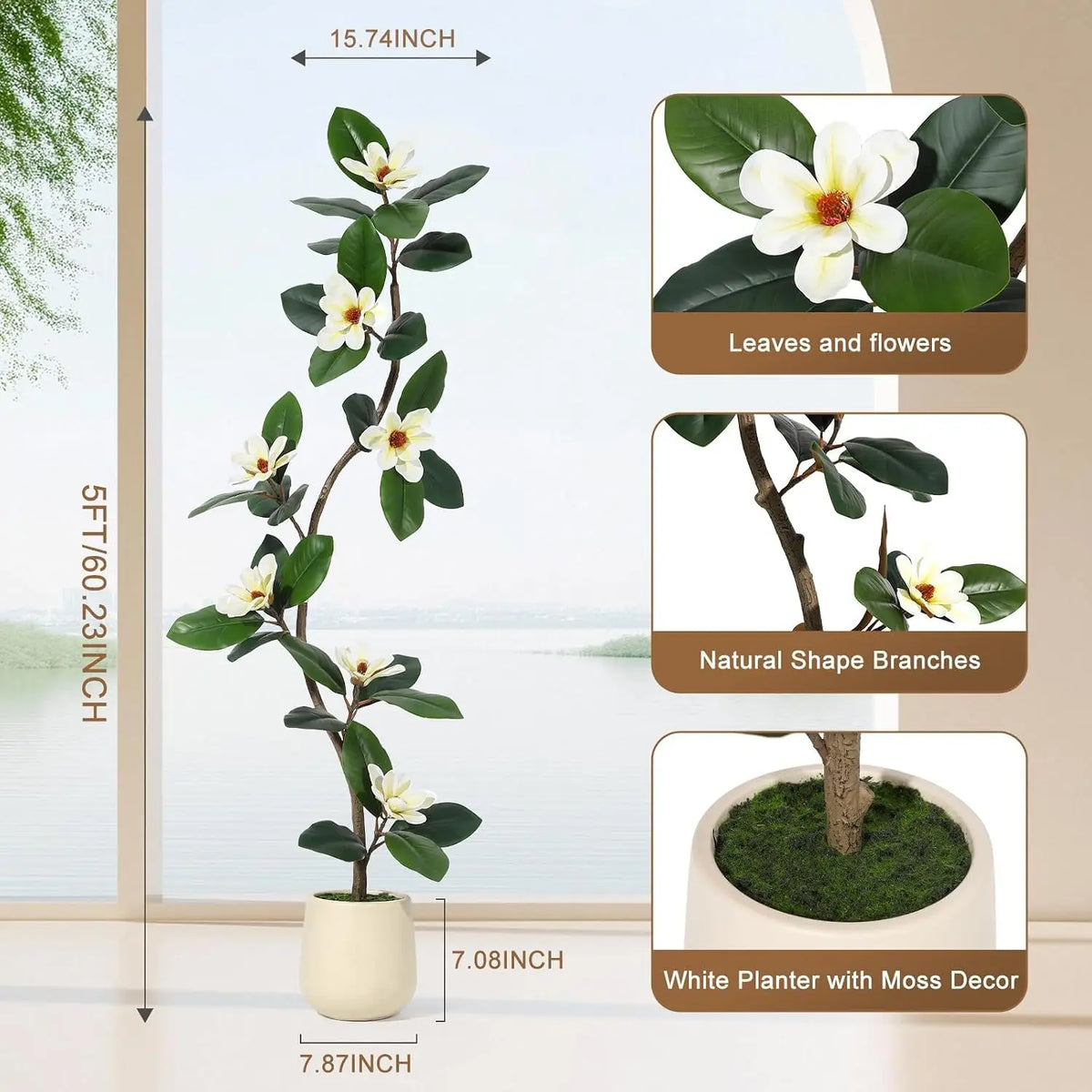 Artificial Magnolia Tree — 5 to 7 ft, S-Curve Trunk, White Planter