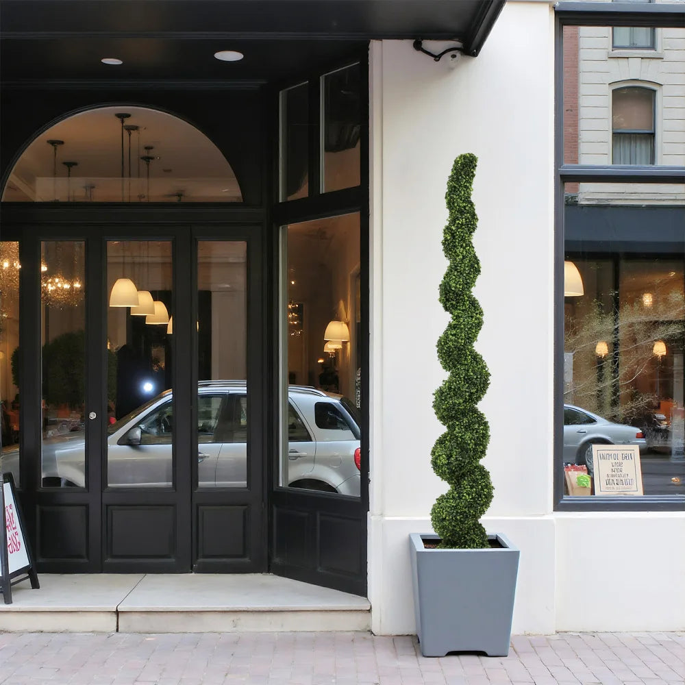 Artificial Spiral Boxwood Topiary — 7 ft, Potted, for Covered Outdoor