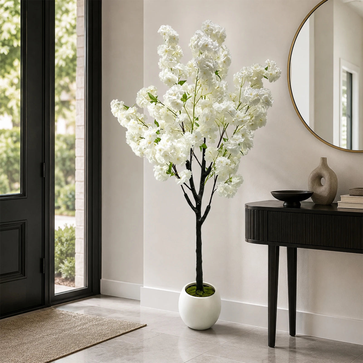 Artificial Cherry Blossom Tree — 5 to 6 ft, Weeping Single-Trunk, White Silk Blossoms