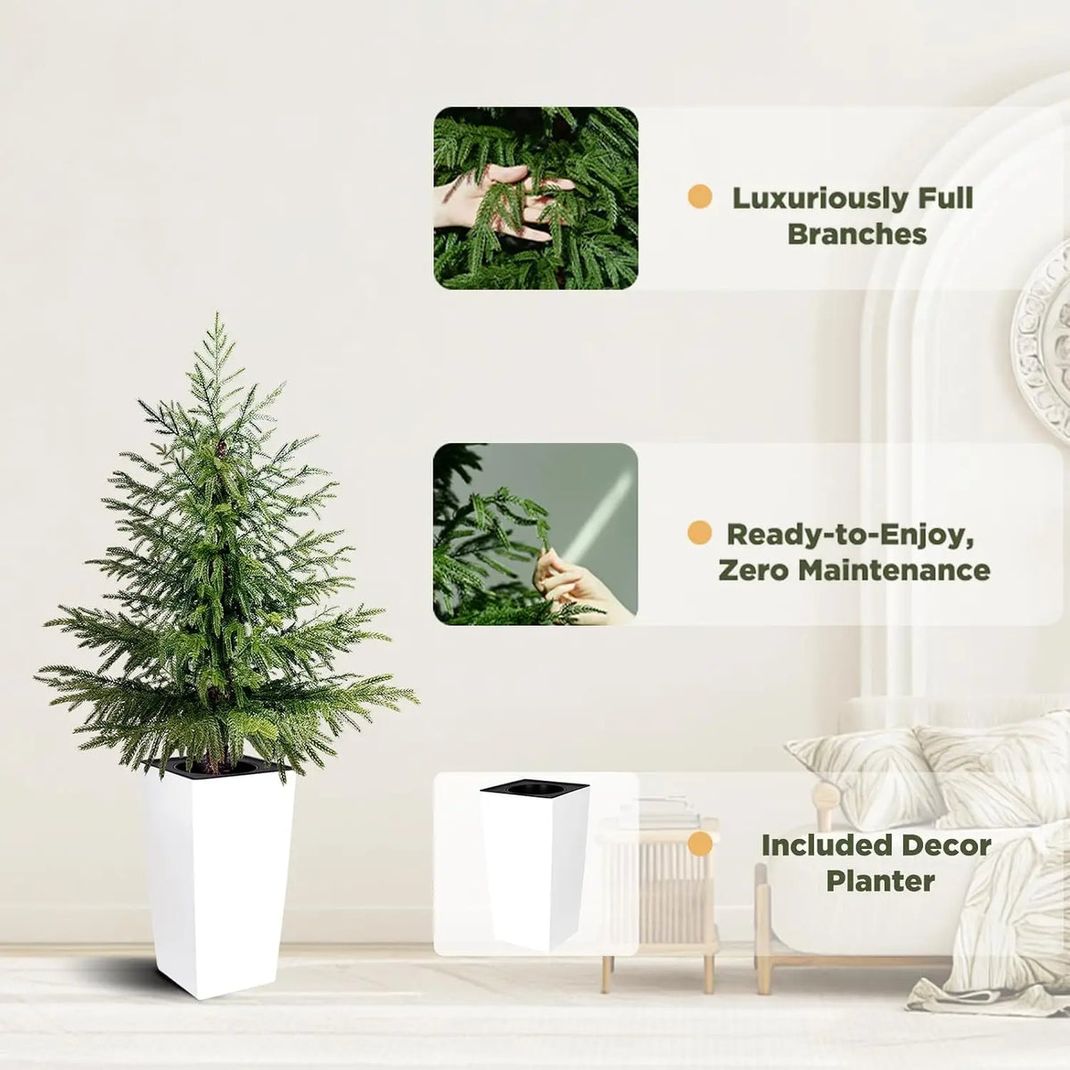 Artificial Norfolk Pine Trees — 4 ft, Set of 2, Black or White Planter