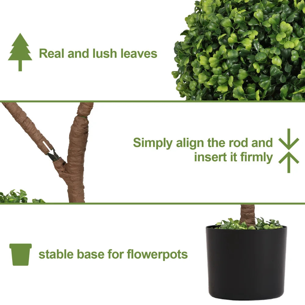 Artificial Boxwood Pom-Pom Topiary — 4 ft, Four-Tier Spheres, Black Planter