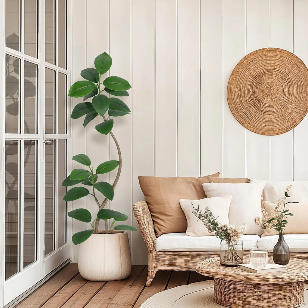 Artificial Fiddle Leaf Fig Tree — 7 ft, Black Resin Planter with Stone