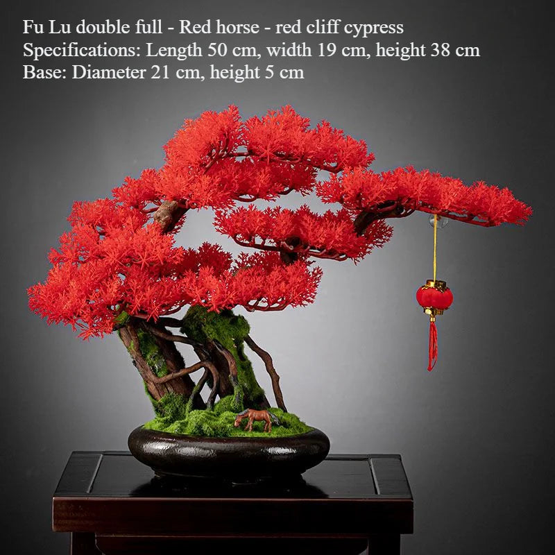 The 3ft bonsai used as home decor on a low sideboard beside a lamp