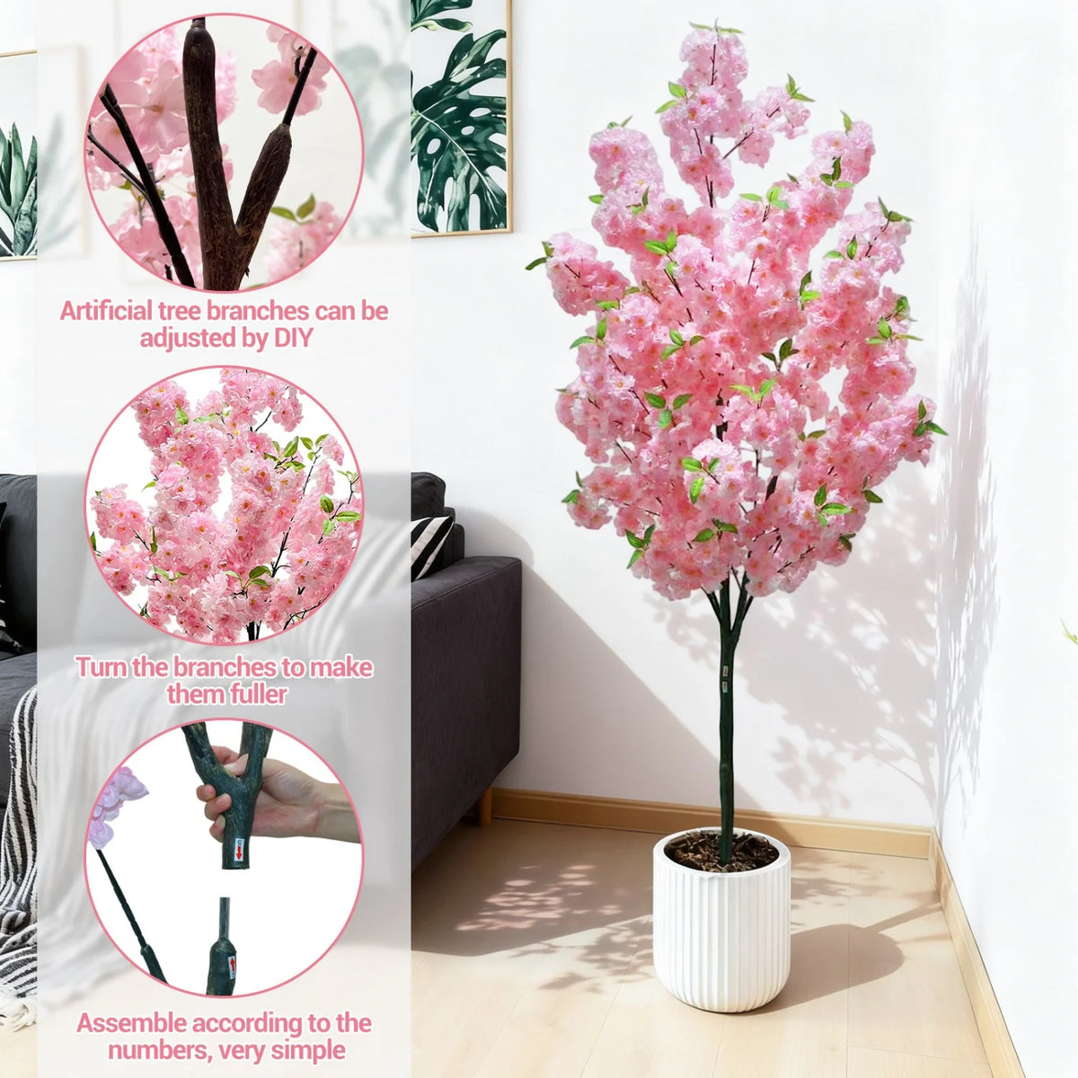Artificial Cherry Blossom Tree, 5 to 6 ft, PVC Frame, Single or Double Pole