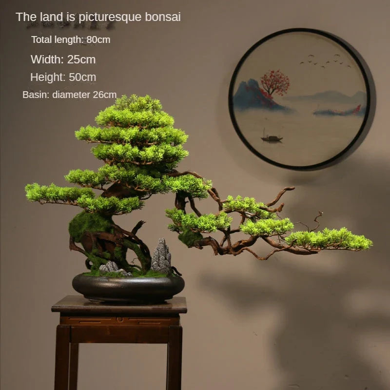 Pot and base of the Zen pine bonsai, topped with moss and fine gravel