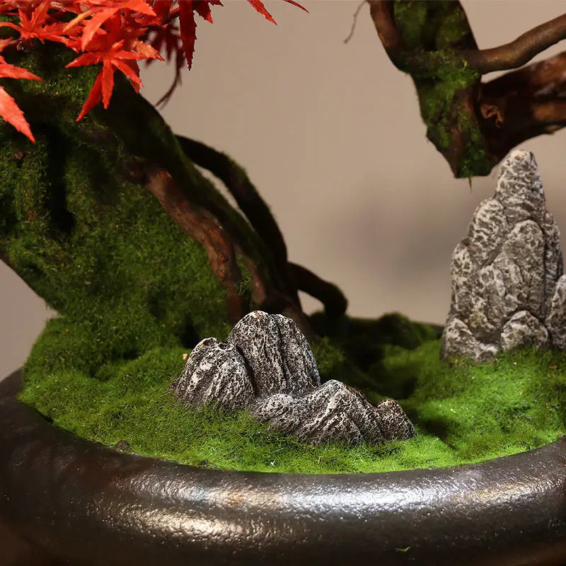 The bonsai in a hotel lounge as part of a calm indoor greenery scheme