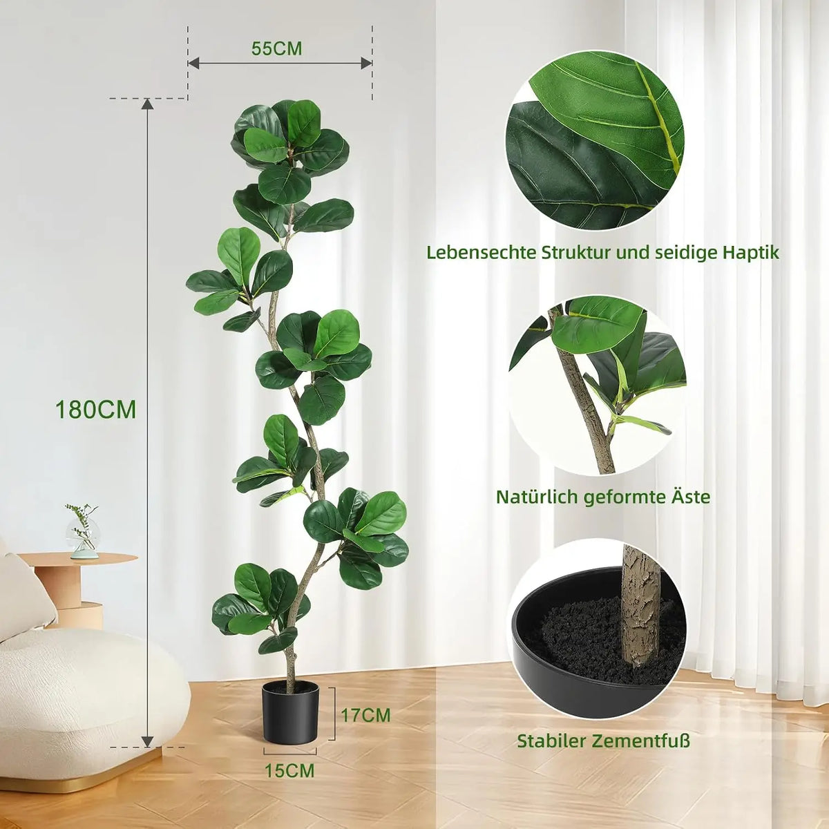 Artificial Fiddle Leaf Fig Tree — 4 to 6 ft, S-Shaped Trunk, Black Pot