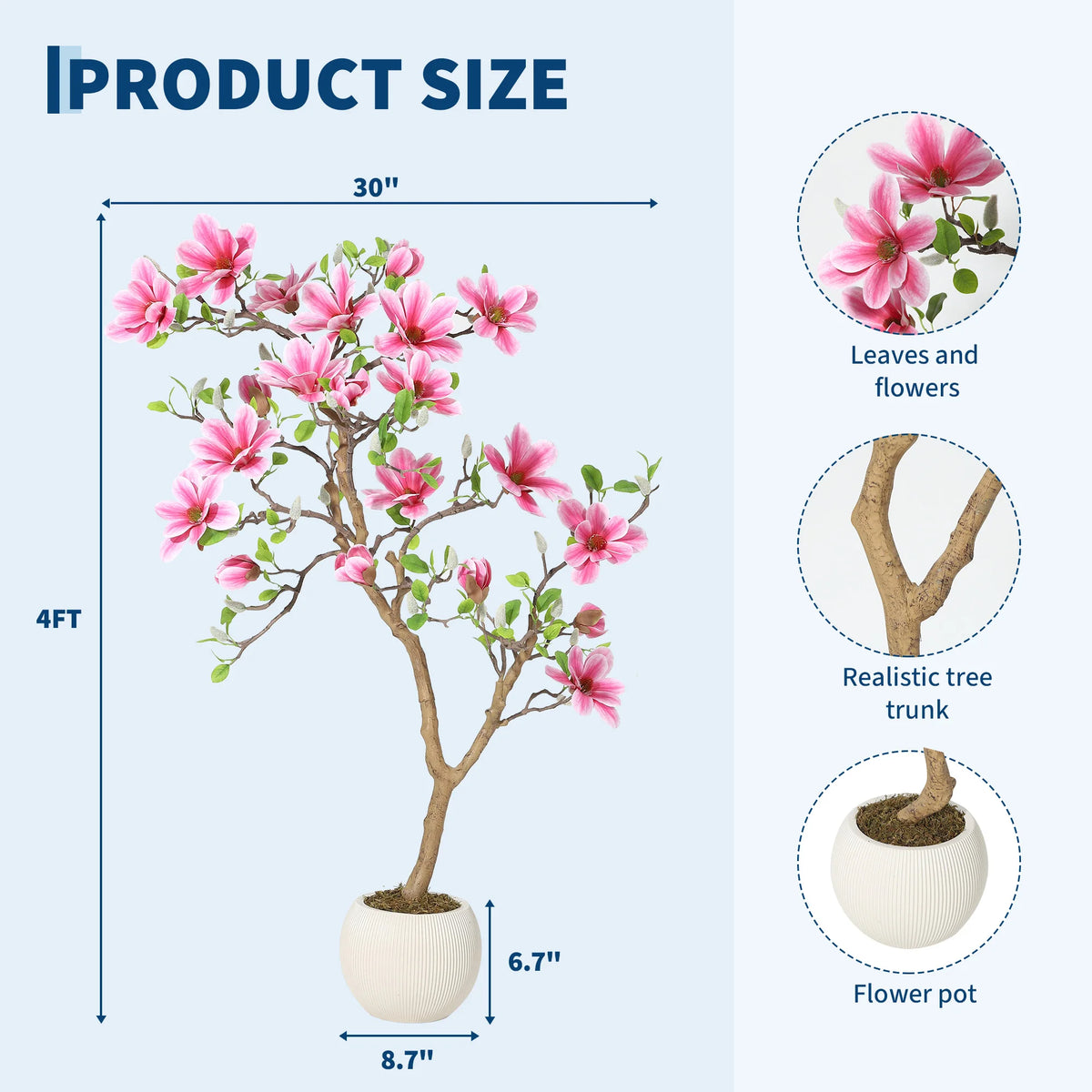 Artificial pink magnolia tree, 4 to 6 ft, in a weighted pot