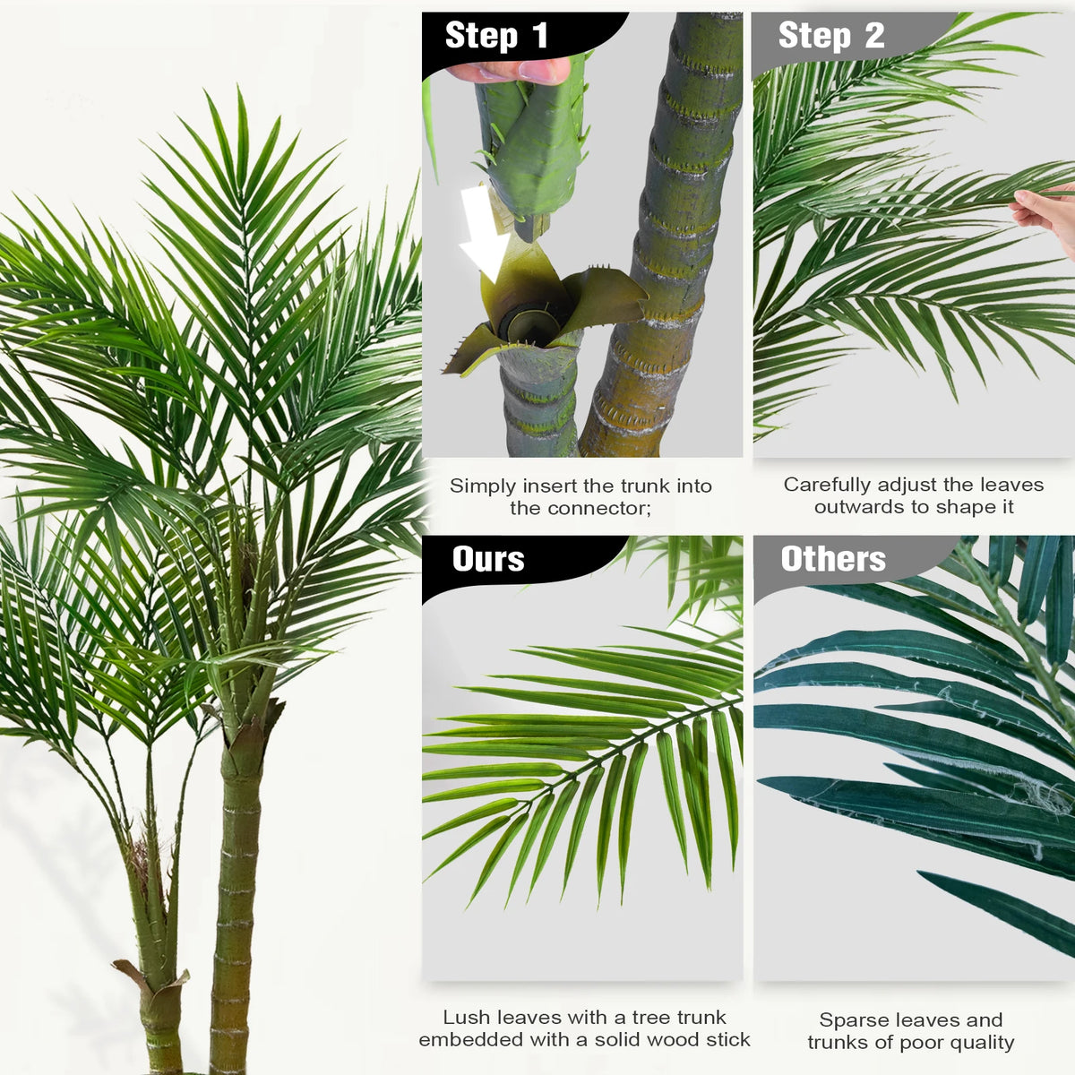 Artificial Areca Palm Tree — 5 ft, Square or Round White Planter