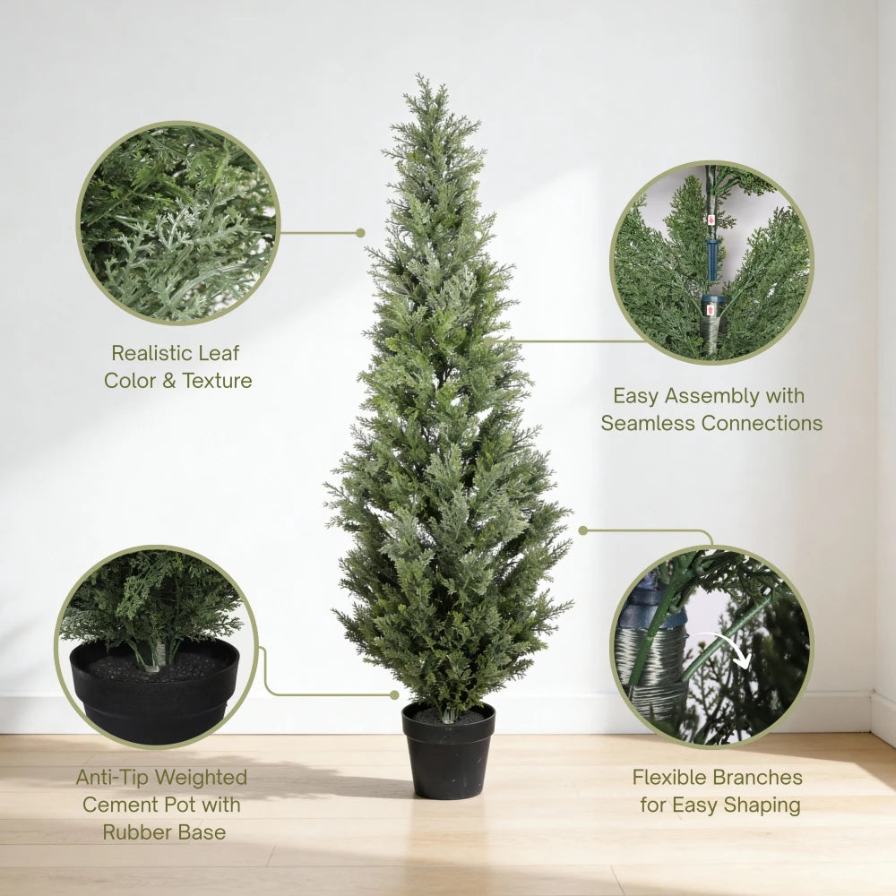 Artificial Cypress Topiary — 5 ft, UV-Treated Foliage, Black Pot