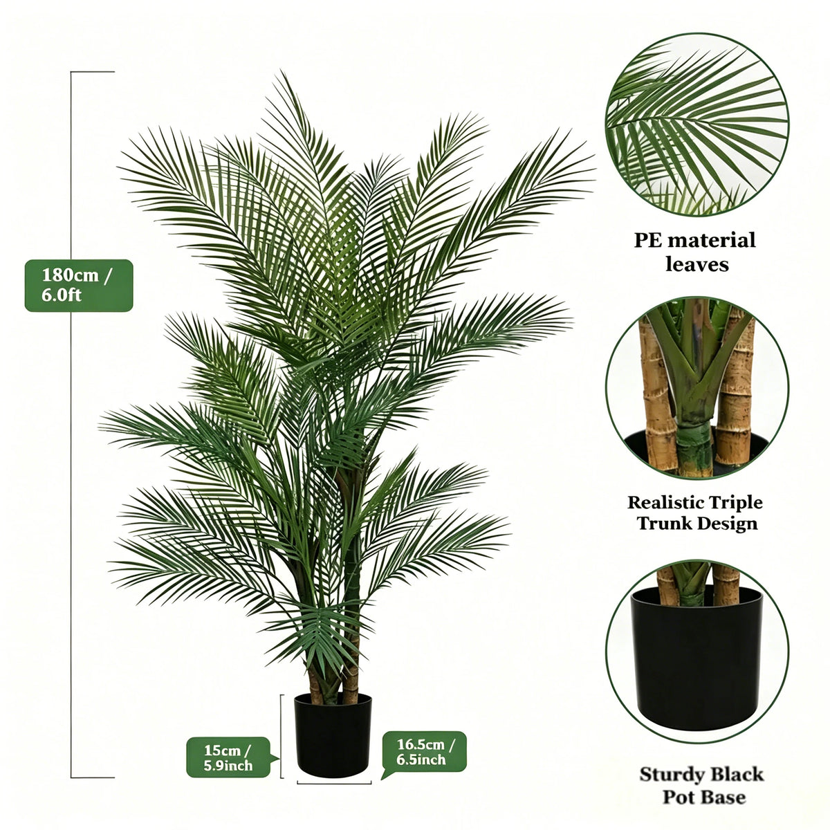 Artificial Palm Tree — 5 to 6 ft, UV-Resistant Fronds, Black or White Pot