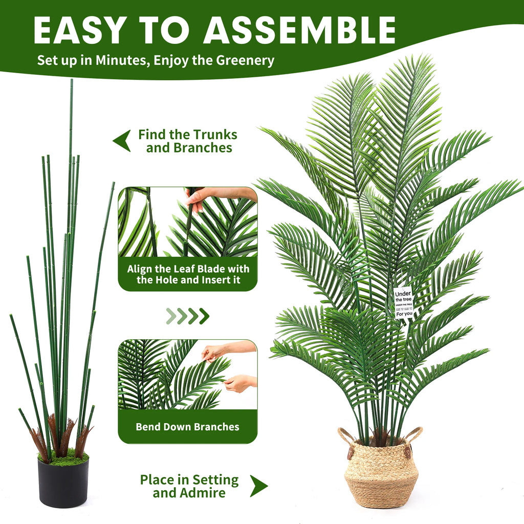 Artificial Palm Tree, 6 ft, Coconut-Coir Base, Black Pot in Hand-Woven Basket