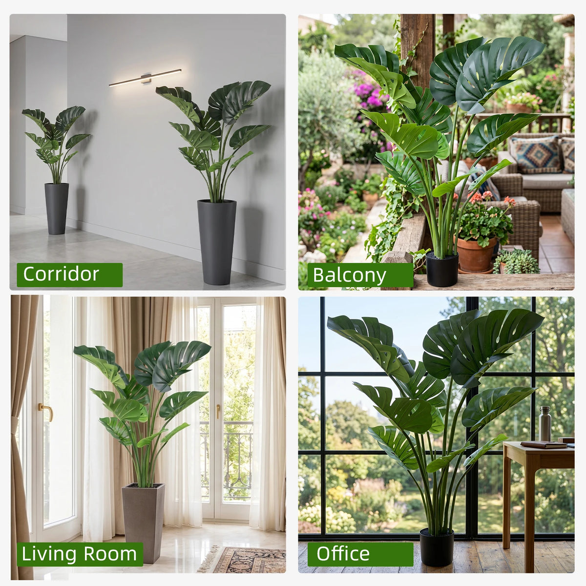 Artificial Monstera Deliciosa — 90 to 120 cm, Black Pot, Single or Pair