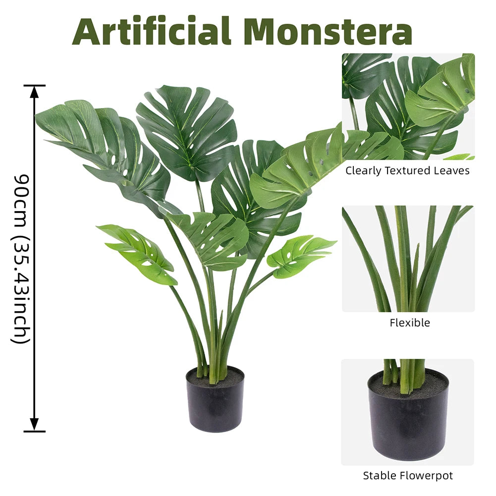 Artificial Monstera Deliciosa — 90 to 120 cm, Black Pot, Single or Pair