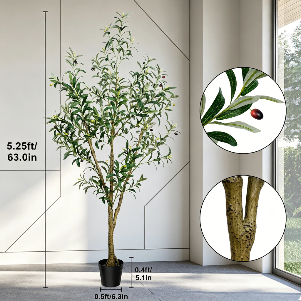 Artificial Olive Tree — 5.25 to 8 ft, Silk Foliage with Counted Leaves and Fruit