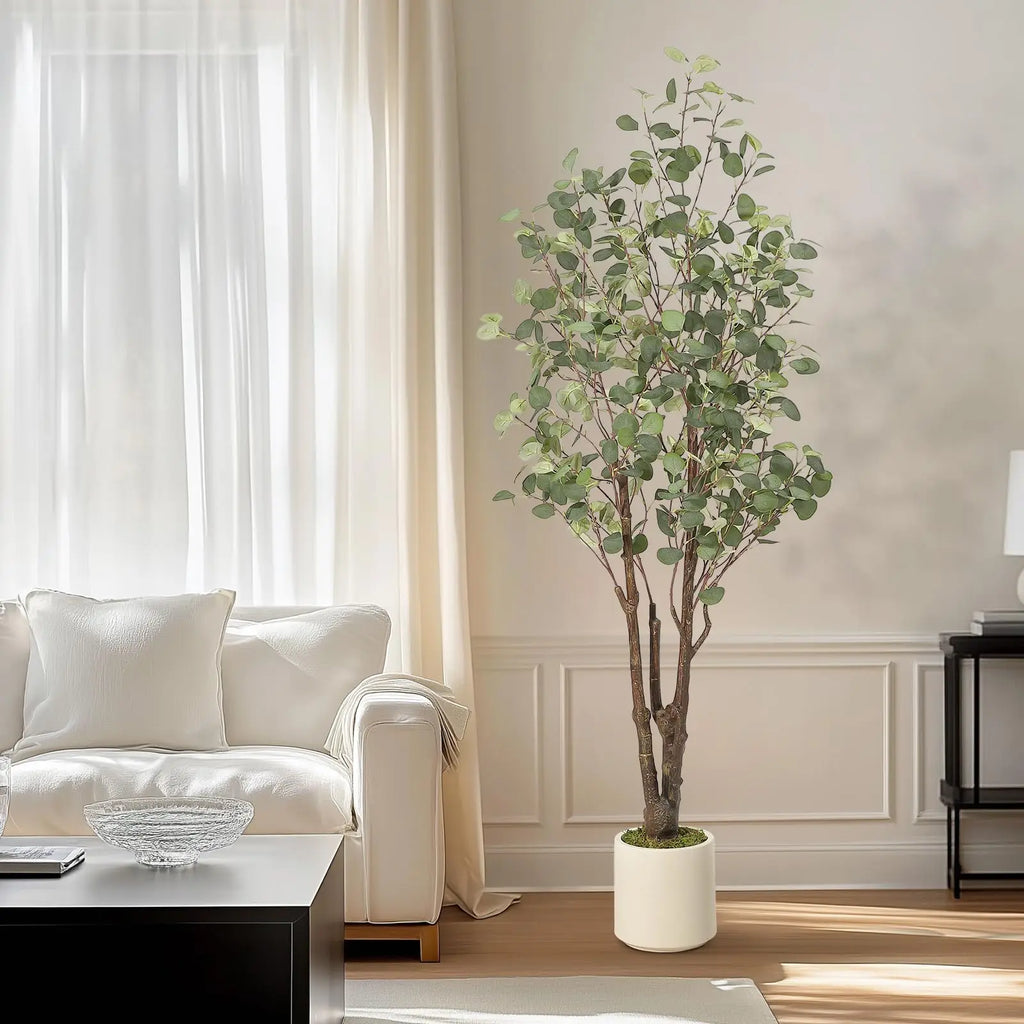 Artificial Eucalyptus Tree — 5 to 7 ft, White Planter with Faux Moss