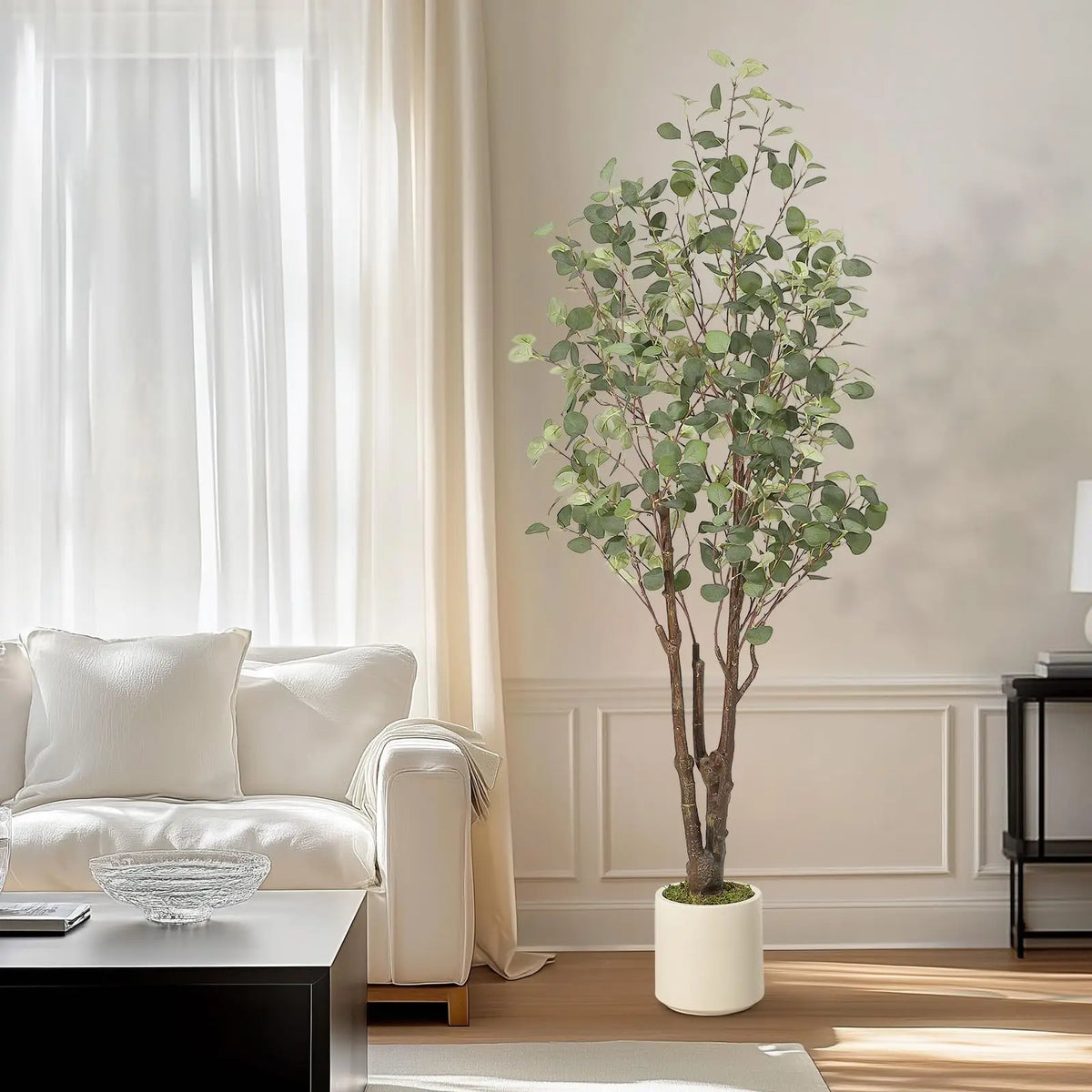 Artificial Eucalyptus Tree — 5 to 7 ft, White Planter with Faux Moss