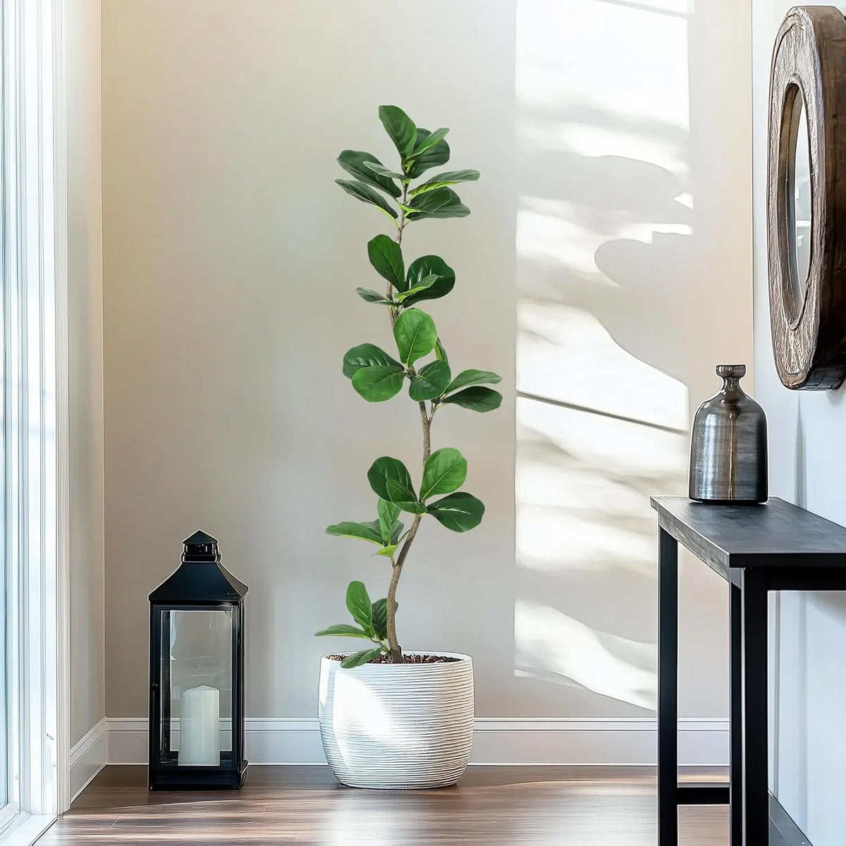 Artificial Fiddle Leaf Fig Tree — 4 to 6 ft, S-Shaped Trunk, Black Pot