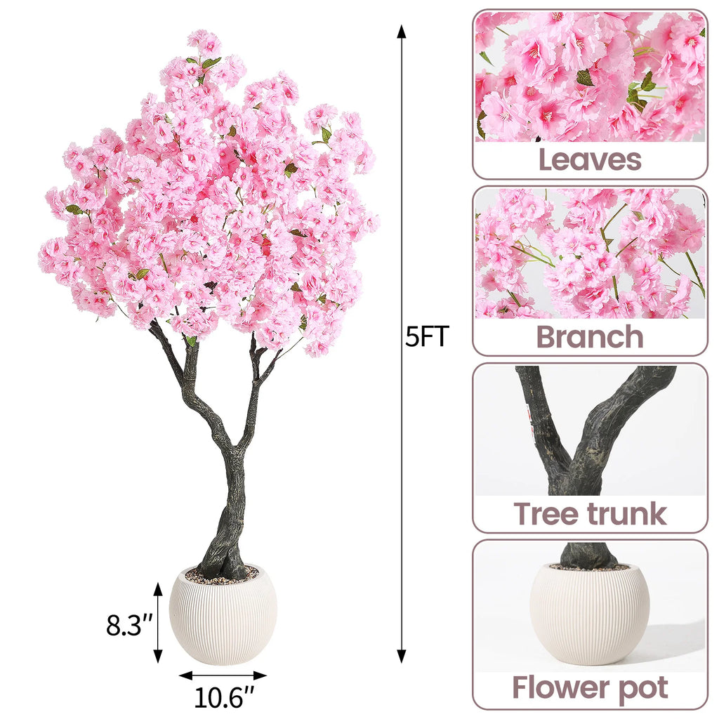 Artificial Cherry Blossom Tree — 5 to 6 ft, Four-Trunk Base in Cement Pot
