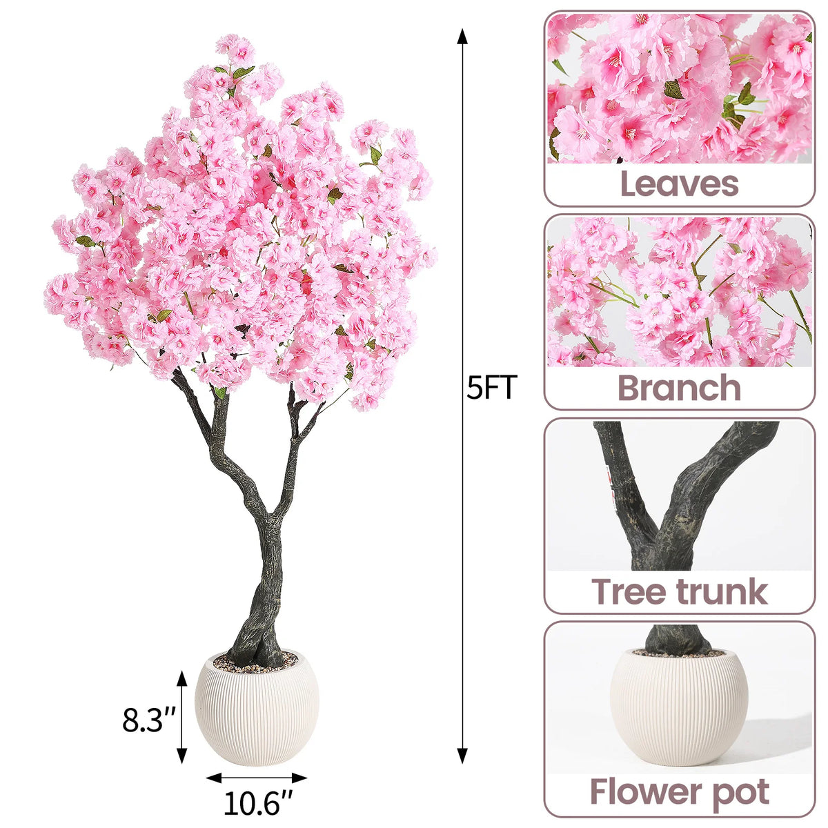 Artificial Cherry Blossom Tree — 5 to 6 ft, Four-Trunk Base in Cement Pot