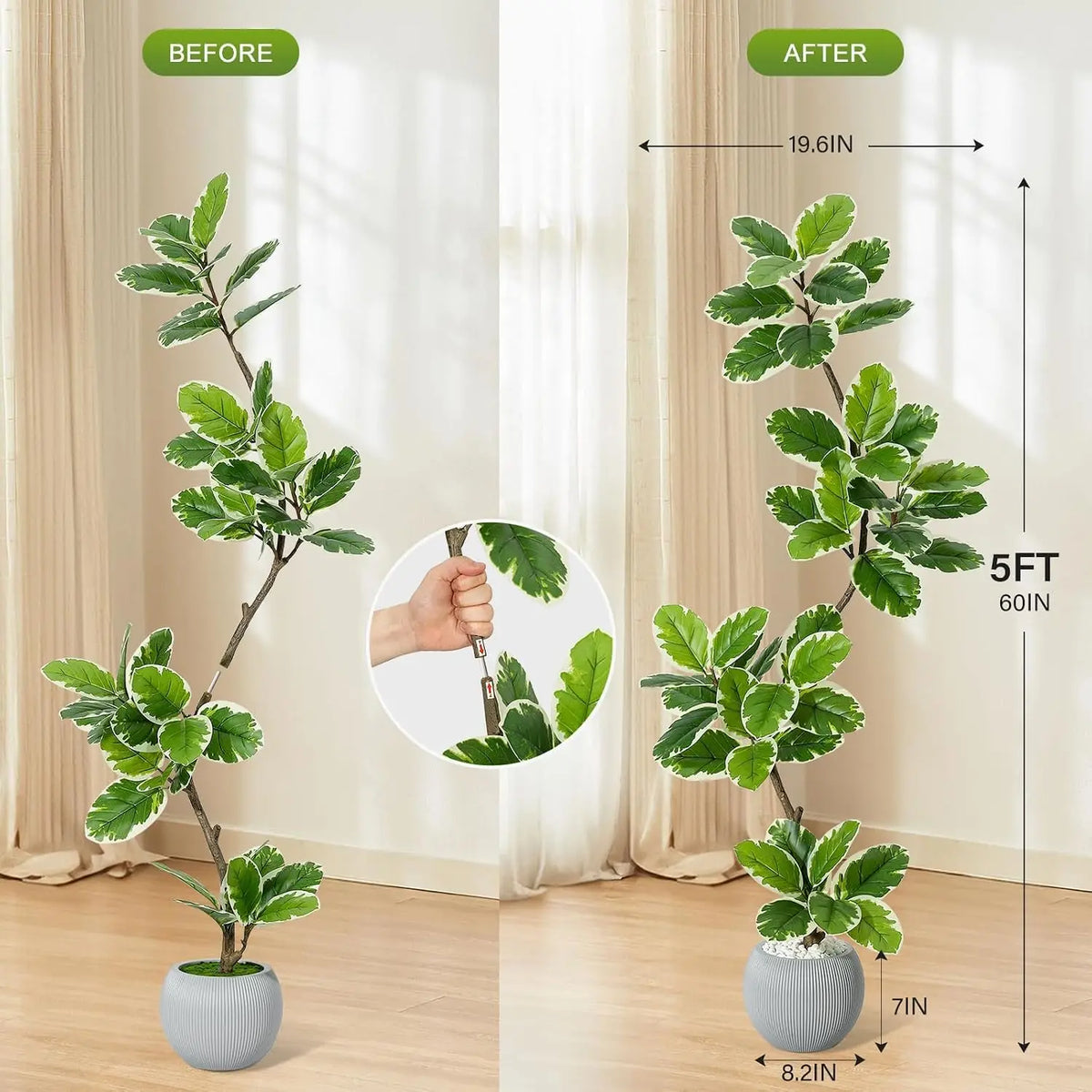 Artificial Fiddle Leaf Fig Tree — 60 to 84 in, Gray Sphere Planter with Moss