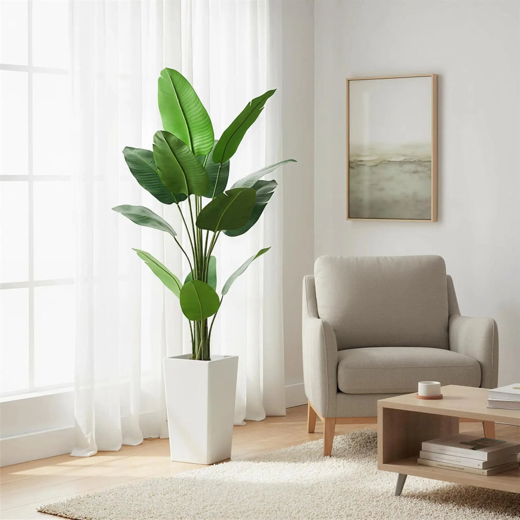 Artificial Banana Tree — 4.8 ft, Tall White Planter