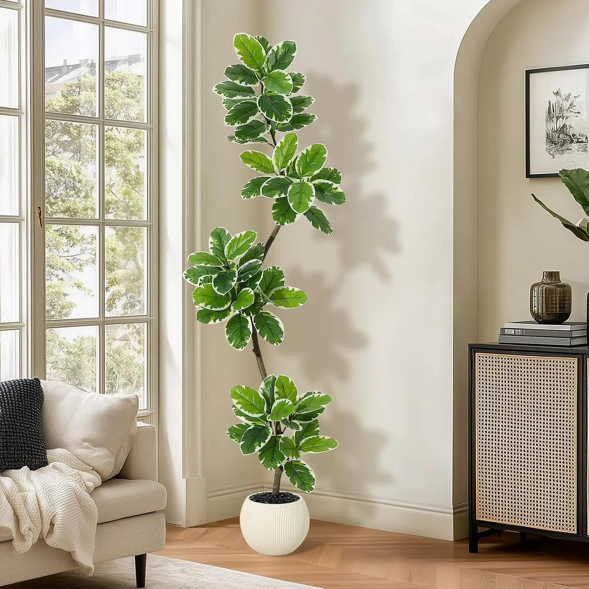Artificial Fiddle Leaf Fig Tree — 60 to 84 in, Gray Sphere Planter with Moss
