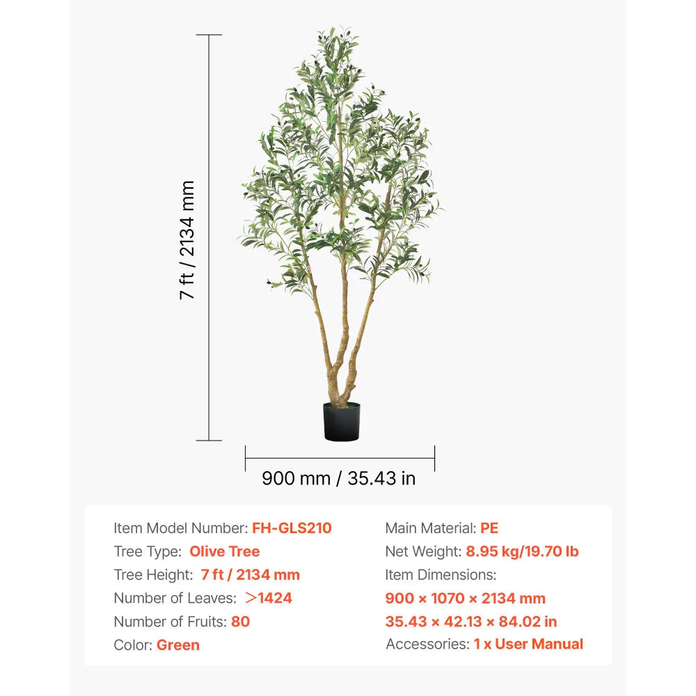 Artificial Olive Tree — 7 ft, Rubber Silk Foliage with Black Pot