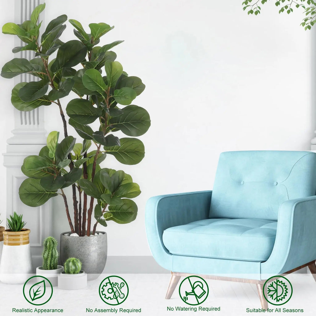 Artificial Fiddle Leaf Fig Tree — 4 ft, 72 Leaves, Black Planter, No Assembly